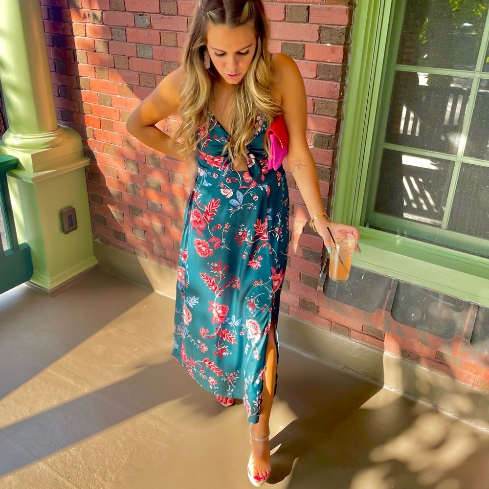 Amazon Fashion Green Floral Satin Midi Dress